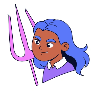 A close-up illustration of "Durga's face" with determined expression and bold features. Her long hair flows gracefully, framing her face. In the background, there is a large "iconic trident" prominently displayed, symbolizing her warrior spirit. The composition highlights her strength and power, with her intense gaze directed forward. The colors are vibrant, adding to the overall impact of the image.