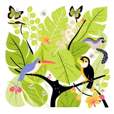 A collage on an illustration board featuring various rainforest plants and animals. The background is a vibrant green with layered foliage, showcasing large leaves and delicate flowers. Dominating the foreground are colorful animals such as a red-eyed tree frog perched on a leaf, a toucan with a bright yellow beak, and a sloth clinging to a tree branch. Additionally, there are butterflies with intricate patterns fluttering around and a snake curled among the branches. The overall composition is dense, showcasing the rich biodiversity of the rainforest.