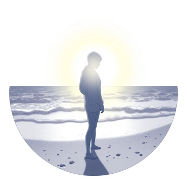 A person standing on a beach, with their silhouette outlined against the horizon. The sun is low in the sky, casting a warm, radiant glow that creates an ethereal effect, obscuring the person's facial features. The waves gently lap at the shore, and the sand beneath the person's feet is textured and uneven. The figure is slightly turned, creating a sense of tranquility and reflection in the moment. The scene is peaceful, with the sun's light creating an almost halo-like appearance around the person.