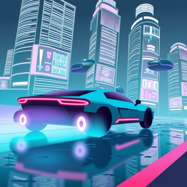 A sleek futuristic car with a streamlined design, featuring glowing neon accents in blue and pink, is drifting at high speed on a rain-soaked street. The car's wheels emit a trail of bright light as it skillfully navigates a sharp turn. Surrounding the vehicle, towering skyscrapers are adorned with vibrant neon signs and holographic advertisements that flicker in various colors. The wet pavement reflects the dazzling lights of the city, creating a dynamic atmosphere. In the background, a series of hovering vehicles zip past, adding to the energetic vibe of this cyberpunk setting.