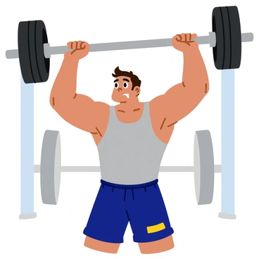 A person with a focused expression is lifting a heavy barbell above their head in a gym. Sweat is visibly dripping down their face, highlighting the intensity of their effort. The individual is wearing a fitted tank top and gym shorts, and their muscles are well-defined. The gym environment features weights and exercise equipment in the background, with bright overhead lights illuminating the scene.