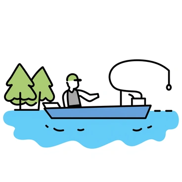 A bass fishing boat, featuring a sleek design and a deep blue color, floats on a calm lake. The surface of the water reflects the clear blue sky above. A fisherman, wearing a green cap and a light gray fishing vest, stands at the back of the boat. He is in the process of casting out his fishing line, with the rod arched gracefully. The boat is equipped with fishing gear and a cooler, while small ripples emanate from where the line hits the water. Surrounding the lake, there are lush green trees lining the shore.