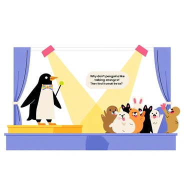 A cartoon-style illustration featuring a penguin standing on a tiny wooden stage. The penguin is wearing a colorful bow tie and has a microphone in one flipper. There are bright stage lights shining down on the penguin, casting colorful shadows. In the audience, a group of various animals, including a rabbit and a bear, are laughing and clapping. The back of the stage has a curtain that is drawn to the sides, showcasing a cheerful atmosphere. A small spotlight is focused on the penguin as it delivers a joke, with a speech bubble showing the words "Why don’t penguins like talking to strangers? They find it hard to break the ice!"