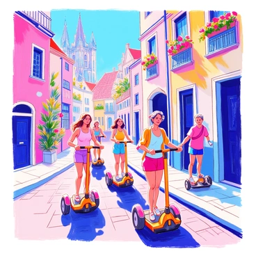 A group of tourists is navigating through a historical city center on mini segways. The tourists, dressed in casual summer attire, are smiling and pointing at various landmarks. The city center features cobblestone streets and historic buildings with intricate facades. In the background, there are tall church spires and colorful flower boxes on window sills. Sunlight casts playful shadows on the ground, enhancing the lively atmosphere of the scene.