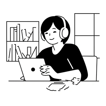 A student sitting at a wooden desk, wearing over-ear headphones. The student has short hair and is focused on a tablet placed in front of them. Their expression is attentive, with one hand resting on the tablet while the other is taking notes on a notepad beside it. The background features a bookshelf filled with various books, and a window can be seen in the distance, allowing light to enter the room.