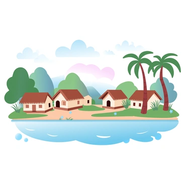A riverside village along the Ganges features several simple cottages with thatched roofs, made of natural materials. The cottages are spaced evenly, surrounded by lush greenery. Tall palm trees sway gently, their leaves rustling in the breeze. The river flows calmly beside the village, reflecting the soft gradient pastel colors of the sky at sunset. The ground is dotted with patches of grass and small wildflowers, enhancing the tranquil atmosphere of the scene.