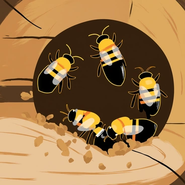 A close-up view of several carpenter bees working diligently to construct their hive within a wooden log. The focus is on the shiny black and yellow bodies of the bees as they burrow into the dark, textured surface of the log. Shavings of wood are scattered around, highlighting their industrious efforts. The natural grain of the wood is visible, showcasing the rich brown tones. Light glints off the bees' bodies, emphasizing their detailed features, including delicate wings and fuzzy legs.