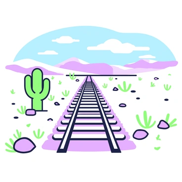 A set of train tracks stretches across the scene, leading into the horizon. The tracks are flanked by sparse patches of dry earth and scattered rocks. The expansive desert landscape is barren, with a few distant sand dunes rising gently in the background. The sun casts long shadows over the tracks, accentuating their linear perspective. In the sky above, wispy clouds blend into the blue background, enhancing the sense of openness. A single cactus stands to the side of the tracks, adding a focal element to the composition.