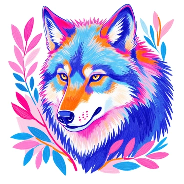 A detailed wolf head is depicted with sharp features and intense eyes, showcasing its fierce expression. The fur is intricately patterned, capturing the texture with precision. The ears are perked, highlighting the alertness of the animal. Surrounding the wolf head are elements of nature, such as leaves and branches, adding depth and context to the image. The overall composition emphasizes the strength and wildness of the wolf.