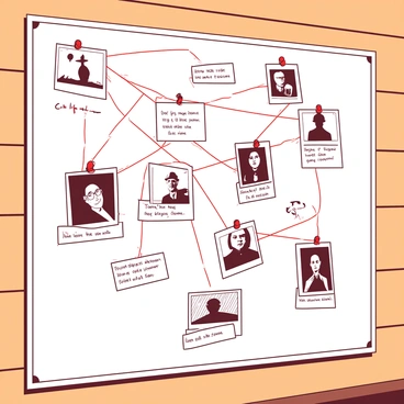 A white detective's board is filled with a collection of black and white photos pinned in various locations. Each photo has a small note attached beneath it, with typed or handwritten text detailing key information. Red strings connect the photos and notes, creating a complex web that indicates relationships and timelines. The board is mounted on a wooden wall, providing a stark contrast to the vibrant arrangement of images and strings.