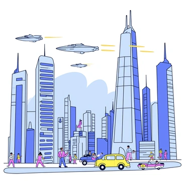A futuristic city filled with towering skyscrapers that have sleek, angular designs. The buildings are made of glass and steel, reflecting the sunlight. Among the skyscrapers, there are flying cars zipping through the sky, leaving trails of light behind them. The ground is bustling with high-tech vehicles, and people dressed in modern attire walk along the streets. In the background, a gray sky looms over the city, hinting at a dystopian setting.