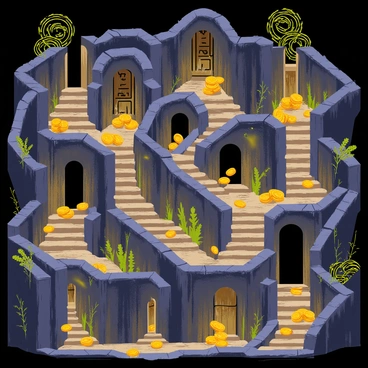 An intricate underground labyrinth with winding paths and various chambers. The walls are made of rough stone, illuminated by flickering torches that cast shadows. There are hidden treasures scattered throughout, including gleaming gold coins, shimmering gems, and ancient artifacts. Some paths are narrow and dark, while others open up into larger, more spacious areas filled with intricate carvings. The atmosphere is filled with a sense of mystery and exploration, with hints of secret doors and passageways.