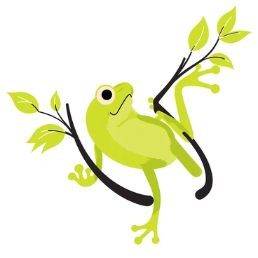 A vibrant green tree frog with large, bulging eyes clings tightly to a bending branch. The branch is swaying due to a strong wind, and the frog's limbs are stretched out for balance. Leaves surrounding the branch flutter wildly in the gusts, creating a dynamic scene. The background features hints of blurred foliage, indicating movement and the intensity of the wind. The tree frog's skin glistens with moisture as it bravely faces the elements.