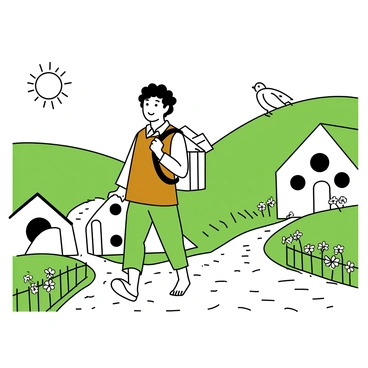 A hobbit with curly hair is walking along a cobblestone path in Hobbiton, carrying a satchel filled with letters. He is wearing a simple brown vest over a white shirt, with green trousers and barefoot. The sun is shining brightly in the sky, casting light across the lush, green hills. Charming hobbit holes with round windows and thatched roofs surround the path. Flowers are blooming in vibrant gardens beside the houses, and a few birds are perched on the fence posts, adding to the cheerful atmosphere.