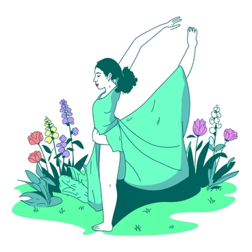 A teal Indian lady is practicing a yoga pose in a sunlit garden. She is wearing bright flowing white clothing that contrasts with the vibrant green grass beneath her feet. Surrounding her are various colorful flowers, adding to the liveliness of the scene. The sun is casting soft shadows, enhancing the shapes of her posture and the natural beauty of the garden.