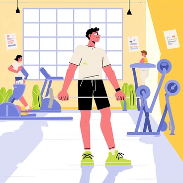 A person lifting weights in a bright, modern gym filled with fitness equipment.