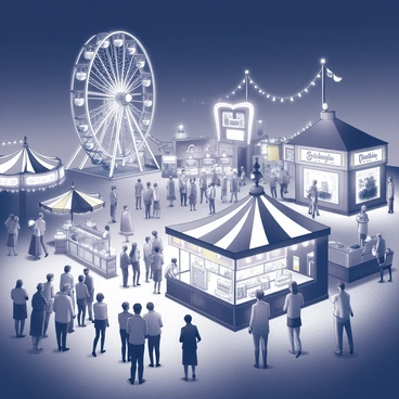 A vibrant carnival scene set at night. The carnival features several illuminated rides, including a Ferris wheel and carousel, both adorned with numerous lights. Colorful banners and flags decorate the area, creating a festive atmosphere. Groups of people are enjoying the festivities, some standing in lines for the rides while others are playing games or consuming cotton candy. The ground is filled with a variety of booths offering snacks and prizes, all arranged within a 30x20 board layout. The night sky serves as a backdrop to the bustling activities, enhancing the excitement of the event.