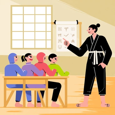 A group of four young ninja students sitting at wooden desks in a traditional classroom. Each ninja is wearing a different colored outfit: one in blue, one in red, one in green, and one in purple. The students have focused expressions on their faces as they listen to their teacher. The teacher, an older ninja in a black outfit, stands at the front of the room, pointing to a scroll on a chalkboard that contains various ninja techniques. Sunlight filters through a window, illuminating the wooden floor and casting soft shadows.