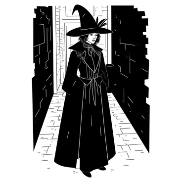 A figure wearing an elaborate Victorian-era gothic outfit stands in a shadowed alley. The attire includes a long black coat with intricate lace detailing and a high collar. The figure has a pale face, partially obscured by a wide-brimmed hat adorned with feathers. The alley is narrow, with cobblestone pavement and old brick walls that are dimly lit by a faint, flickering lantern. Shadows cast eerie shapes around the figure, enhancing the mysterious atmosphere of the scene.