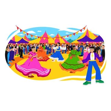 A vibrant cultural festival bustling with activity. Colorful tents and banners decorate the scene, creating a festive atmosphere. Groups of people engage in traditional dances, showcasing a variety of movements and styles. Dancers wear elaborate costumes featuring intricate patterns and bright colors, reflecting the cultural heritage being celebrated. The background includes a crowd enjoying the performances, some clapping and others taking photographs. Decorations like lanterns and floral arrangements add to the cheerful ambiance of the festival.