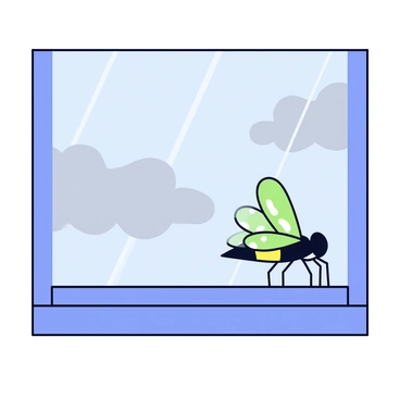 A fly with iridescent green wings is perched on a clear glass window. The fly is positioned near the edge of the window, gazing outside. Outside, raindrops are streaking down the window, creating a blurry effect. The sky is overcast with gray clouds, and the ground is wet, reflecting the muted light.