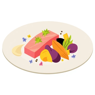 A close-up view of a round white plate showcasing an artistic presentation of gourmet food. The plate features a carefully arranged portion of seared salmon, garnished with vibrant green microgreens. Beside the salmon, there is a colorful medley of roasted vegetables including bright orange carrots, deep purple beetroot, and yellow squash, all drizzled with a glossy balsamic reduction. A delicate swirl of creamy sauce is artistically placed on one side of the plate, adding contrast to the dish. Small edible flowers are scattered around the gourmet presentation, enhancing the visual appeal. The background is softly blurred to emphasize the exquisite arrangement of food on the plate.