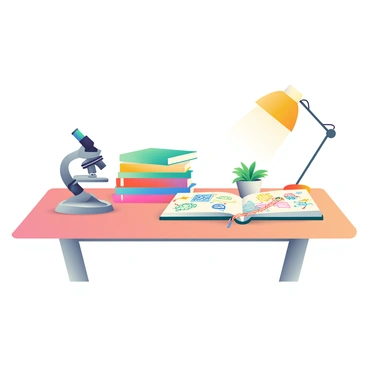 A wooden desk is in the foreground, with a sleek silver microscope positioned on one side. Next to the microscope are several stacked science textbooks, their covers displaying vibrant colors and detailed diagrams. A large, open notebook filled with colorful doodles is placed in front of the textbooks. The notebook pages show sketches of scientific concepts, with bright ink colors used throughout. A small, green plant is sitting in a ceramic pot on the desk, adding a touch of greenery to the scene. A warm desk lamp with a yellow shade casts soft light over the workspace.