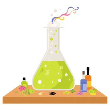 A glass flask containing a bubbling alchemy potion sits on a wooden table. The potion is a vibrant green color, with shimmering bubbles rising to the surface. Steam is visibly rising from the top of the flask, blending with colorful swirls of pink, blue, and yellow that dance in the air. The flask has an intricate design, featuring ornate patterns etched into the glass. Surrounding the flask, various herbs and small bottles of ingredients are scattered across the table, adding to the alchemical atmosphere.
