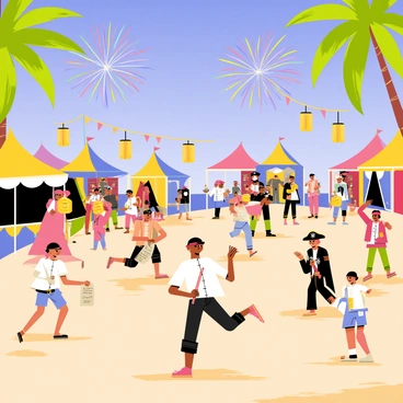 A vibrant pirate festival taking place on a sandy beach. There are colorful tents and stalls adorned with pirate flags. Groups of pirates in various costumes are dancing and playing musical instruments, creating a festive atmosphere. Children are running around with wooden swords and treasure maps. In the evening sky, bright fireworks are bursting in a rainbow of colors, illuminating the scene. Lanterns hang from trees, adding to the lively ambiance of the festival.