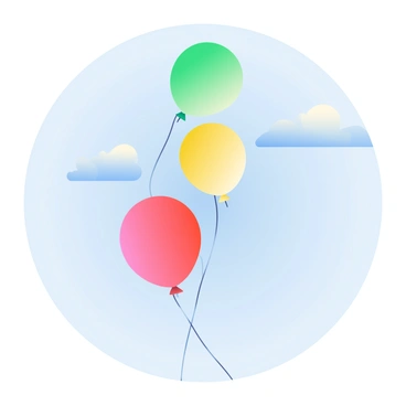 Three colorful balloons are ascending into the blue sky in a straight vertical line. The first balloon at the bottom is a bright red, the second balloon is a sunny yellow, and the top balloon is a vibrant green. Each balloon is tied with a thin string that flows gently as they rise. The background features a clear blue sky with a few soft white clouds scattered around. The sunlight casts a soft glow on the balloons, emphasizing their bright colors against the serene sky.