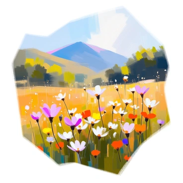 A vibrant meadow filled with an array of wildflowers in various colors such as yellow, purple, and red. The wildflowers sway gently in a light breeze, creating a lively scene. In the background, there are lush, green forested hills that rise majestically, providing depth to the landscape. The sky above is clear and blue, enhancing the brightness of the meadow below. The sunlight casts warm, golden rays over the flowers, highlighting their delicate petals and creating a cheerful ambiance.