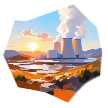 A landscape featuring a geothermal power plant set against a backdrop of rolling hills. The power plant consists of several large, cylindrical structures outfitted with cooling towers. White steam billows from vents in the ground, rising into the clear blue sky. The surrounding terrain is dotted with patches of green grass and small shrubs, while hints of volcanic rock are visible, adding texture to the scene. In the distance, a few fluffy white clouds float above the horizon. The setting sun casts a warm glow over the landscape, enhancing the natural beauty of the area.