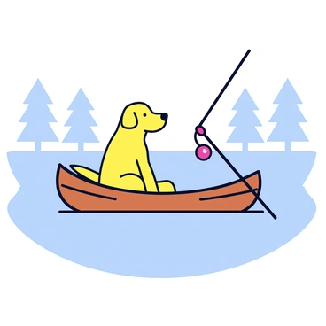 A yellow Labrador sitting in a small wooden boat. The boat gently floats on a calm lake with clear reflections of the surrounding trees. The Labrador is attentively looking at a fishing rod that is leaning over the edge of the boat. The fishing rod has a bright red bobber attached to the line. The lake surface is smooth, creating a peaceful atmosphere.