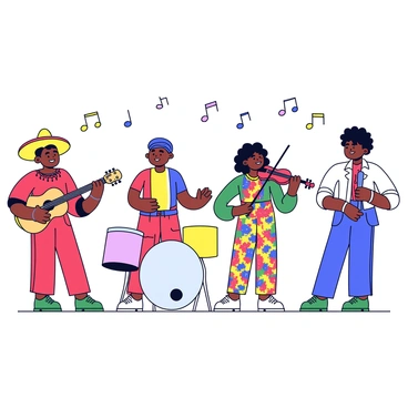 A multicultural band is performing on stage. The band consists of four members. The first member is playing a guitar, wearing a bright red poncho and a wide-brimmed hat typical of traditional Mexican attire. The second member is playing the drums, dressed in a colorful African kente cloth shirt and matching pants. The third member is playing a violin, wearing a flowing Indian saree with intricate patterns and vibrant colors. The fourth member is standing with a microphone, clad in a Scottish kilt and a white shirt, with a sporran hanging at the front. The background features musical notes floating around them, emphasizing their harmony.
