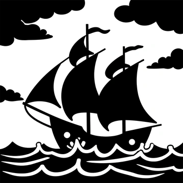 A pirate ship with large sails billowing in the wind is navigating through turbulent waves in a stormy sea. The ship's silhouette is detailed with ropes and cannons visible along its sides. Dark, billowing clouds swirl overhead, and jagged waves crash against the hull of the ship. The horizon showcases a dramatic sunset with rays breaking through the clouds, creating varying shades of light contrasting against the stormy backdrop. The scene conveys a sense of adventure and danger on the open sea.