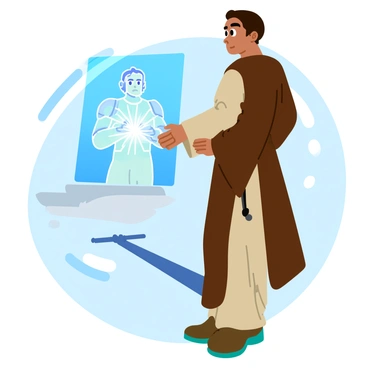 A Jedi wearing a flowing brown robe stands in a focused pose, surrounded by a soft blue glow. The Jedi is depicted with a lightsaber hanging at their side, their expression serious yet composed. In front of them is a holographic image of a distant ally, who appears as a shimmering figure radiating light. The ally has a unique hairstyle and is dressed in armor that reflects the colors of their home planet. The background features hints of a futuristic environment, with sleek lines and subtle technological elements enhancing the scene.