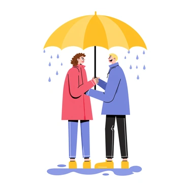 Two cartoon characters stand side by side under a large yellow umbrella, shielding themselves from the falling rain. The characters are smiling at each other, displaying a sense of camaraderie. Raindrops are visible, falling from the sky and creating small splashes on the ground. Puddles form around their feet, reflecting the umbrella and the characters' joyful expressions. One character has curly hair and wears a red raincoat, while the other has straight hair and is dressed in a blue jacket.