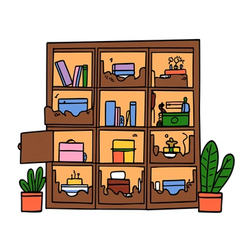 A wall with movable wooden panels in a light brown finish, seamlessly integrated into the room. Some panels are slightly ajar, revealing hidden compartments filled with various items such as books, small trinkets, and decorative boxes. The panels have intricate carvings along the edges, adding a touch of elegance. Soft light illuminates the compartments, highlighting the contents within. The overall setting is cozy, with warm colors and a few plants placed nearby, enhancing the inviting atmosphere.