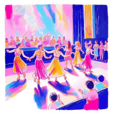 A group of dancers is performing a lively routine on a large stage during the Oscar ceremony. The dancers are wearing vibrant costumes with sequins and flowing fabrics that catch the stage lights. They are mid-movement, showcasing dynamic poses and expressions of joy. In the background, there are large screens displaying colorful visuals that match the rhythm of the performance. The audience is visible, captivated by the energetic display, with some people clapping and cheering. The stage is elegantly decorated, highlighting the grandeur of the event.