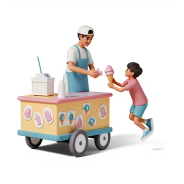 An ice cream vendor, wearing a blue apron and a white cap, is standing behind a colorful ice cream cart. The cart is adorned with vibrant posters displaying various ice cream flavors. The vendor is scooping bright pink strawberry ice cream into a waffle cone. Each cone features a unique design of a "foam finger" printed on the side, with a number one symbolizing victory. The scene captures the vendor smiling as they hand a cone to a happy child, who is jumping with excitement, wearing a red t-shirt and shorts.