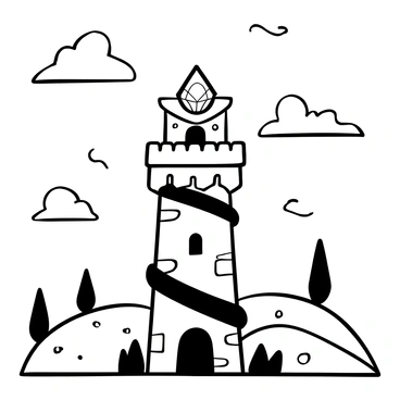 A towering wizard's tower constructed from stone, with intricate carvings and a spiraled design, rises prominently against the backdrop of a vast landscape. At the top of the tower, there is a large, glowing crystal emitting a soft light, casting faint shadows on the structure. Surrounding the tower are rolling hills and scattered trees, extending towards the horizon. The sky above is filled with wispy clouds, adding depth to the scene. The overall composition highlights the contrast between the tower and the expansive landscape below.