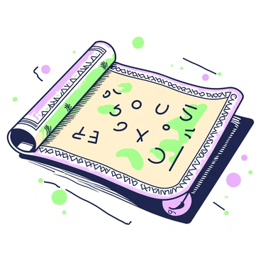 A partially unrolled ancient scroll lies on a wooden surface. The scroll is primarily beige in color, with intricate borders that feature detailed patterns along the edges. Mysterious symbols are etched across the visible portion of the scroll, displaying an array of shapes and lines that seem to tell a story. The scroll is slightly curled at the edges, and the texture is evident, showcasing the wear of time. A few ink splatters are scattered across the surface, adding to the scroll's enigmatic appearance.