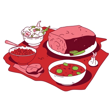 A red table is set with a large, succulent piece of brisket placed prominently in the center. Surrounding the brisket are various classic sides served in white bowls. There are baked beans, glistening with sauce, and a creamy potato salad garnished with fresh herbs. Additionally, there are pickles and sliced onions adding color and contrast. The scene is well-lit, highlighting the textures of the food, with a few utensils placed neatly beside the bowls.