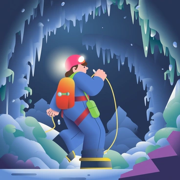 A spelunker with short brown hair is equipped with a bright headlamp and is wearing a dark blue jumpsuit. They are carefully navigating through an intricate cave system filled with jagged rocks and numerous stalactites hanging from the ceiling. The spelunker is holding a climbing rope in one hand and has a small backpack on their back. Glimmers of light reflect off the wet cave walls, revealing patches of moss and mineral deposits. In the background, the cave stretches into darkness, showcasing a variety of rock formations and shadows.