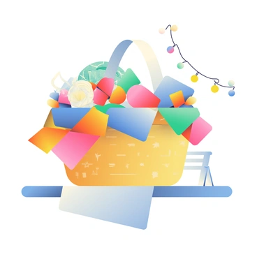A laundry basket is filled with neatly folded clothes and is wrapped in shiny, colorful paper. The edges of the paper are adorned with vibrant bows in various sizes, featuring shades of red, blue, and yellow. The basket is placed on a wooden table with a soft white cloth underneath. In the background, there is a hint of festive decorations, including a string of twinkling lights that enhance the celebratory feel of the scene. The overall composition conveys the idea of a thoughtful gift ready to be presented.