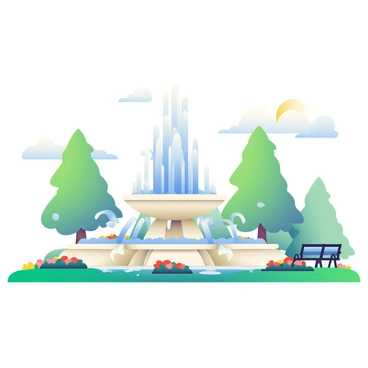 A grand fountain in a park with water jets creating a mesmerizing display