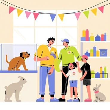 A family of four is inside a cheerful pet store filled with various animals. The parents, a woman with curly hair and a man with glasses, are looking at a playful brown puppy in a glass enclosure. The children, a girl with pigtails and a boy with a baseball cap, are pointing excitedly at a fluffy rabbit nearby. Colorful banners hang from the ceiling, and shelves are stocked with pet supplies. Sunlight streams through the windows, creating a bright and inviting atmosphere.
