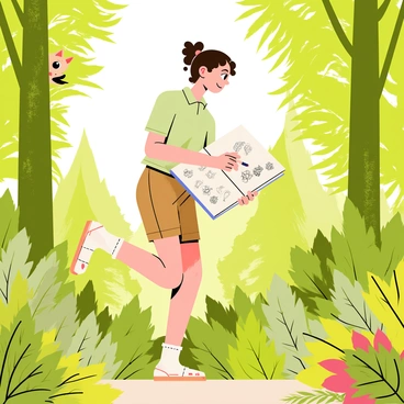 Emma Carpenter is a young woman with curly brown hair tied back in a ponytail. She is wearing a light green shirt and brown shorts, walking through a lush forest filled with tall green trees and vibrant ferns. In her right hand, she holds a sketchbook, open to a page filled with drawings of the surrounding flora. The sunlight filters through the leaves, casting dappled shadows on the forest floor. A curious squirrel peeks out from behind a tree, observing her as she sketches.