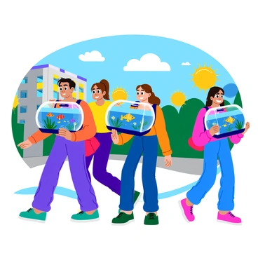 A group of people walking through a vibrant street, each carrying small, transparent, wearable fish tanks. The fish tanks are designed as stylish, dome-shaped containers with colorful fish swimming inside. The tanks are attached via adjustable straps that fit comfortably over the shoulders of the individuals. Sunlight glints off the glass, highlighting the shimmering scales of the fish. The people display a mix of expressions, from curiosity to excitement, as they showcase this advanced method of transporting aquatic life.