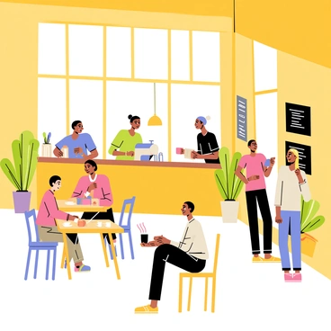 A lively cafe with a bright yellow exterior and large windows. Inside, there are wooden tables and colorful chairs filled with people chatting and reading. A barista is behind a counter preparing coffee, with expresso machines and colorful mugs on display. There are potted plants near the windows, and a chalkboard menu hanging on the wall. Soft lighting creates a warm atmosphere, and a few people are working on laptops at a corner table. The sounds of laughter and the aroma of freshly brewed coffee fill the air.